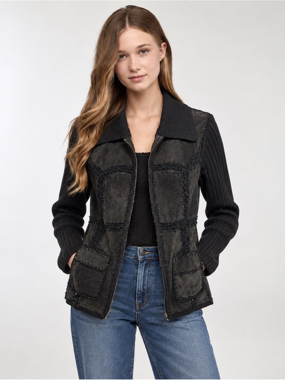 Vintage Terranova Y2K Black Suede Leather Wool Knit Patchwork Jacket M